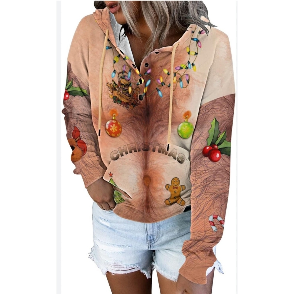 Faroro Ugly Christmas Hooded Sweatshirt•Hairy chest• Unisex Size XXL